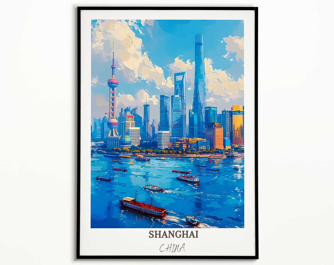 Shanghai China The Bund Skyline Huangpu River Boats Travel Poster