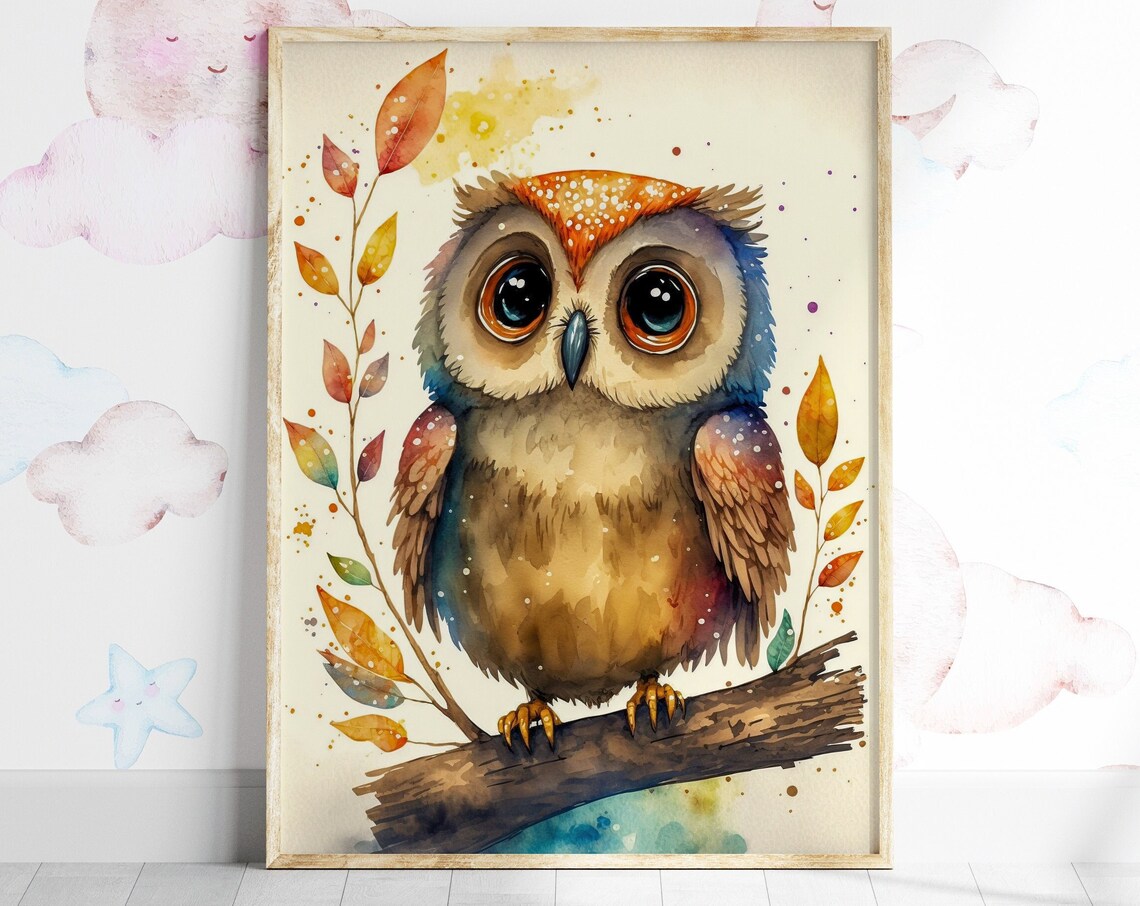 Watercolor Baby Owl Autumn Leaves Cute Nursery Bird Art Poster