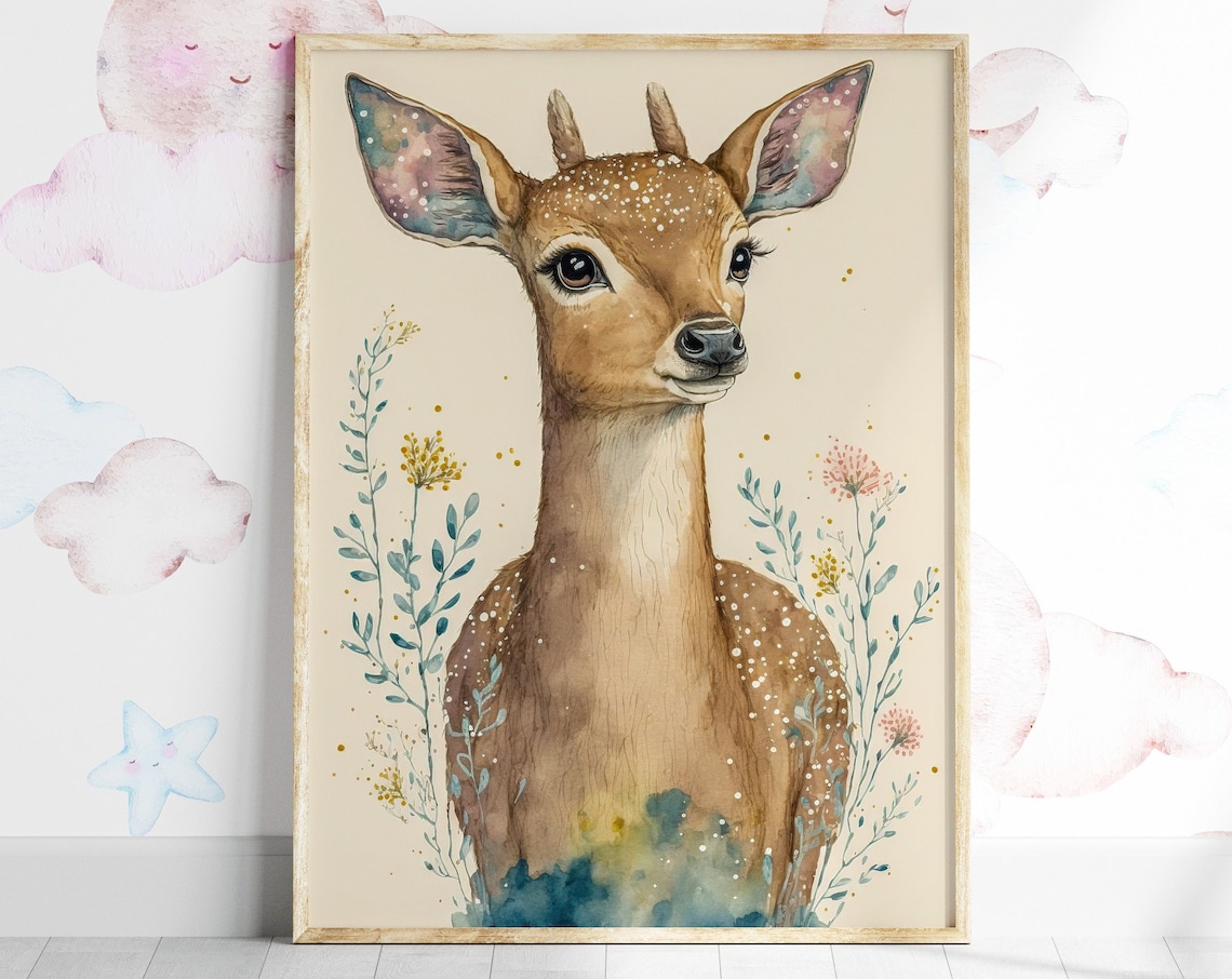 Watercolor Baby Deer Fawn Wildflowers Cute Nursery Art Poster