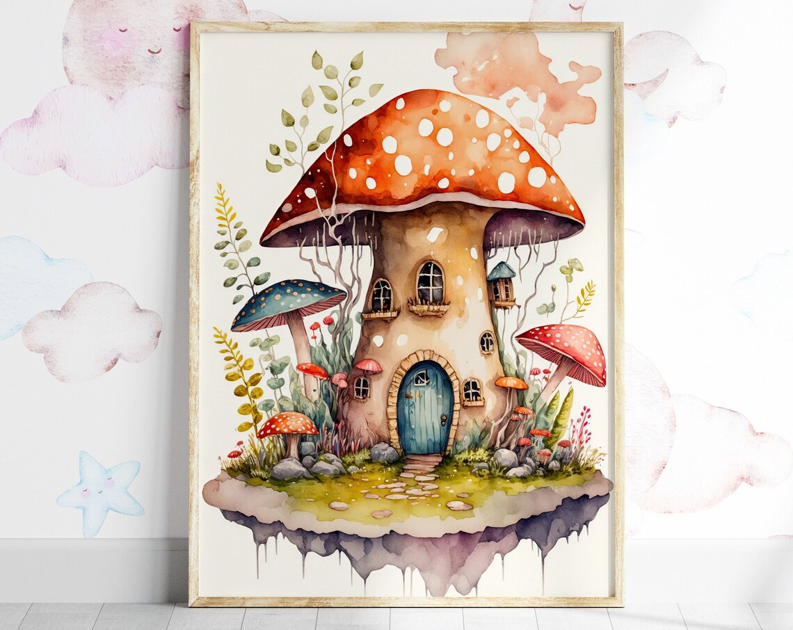 Mushroom House Floating Island Blue Door Watercolor Art Poster