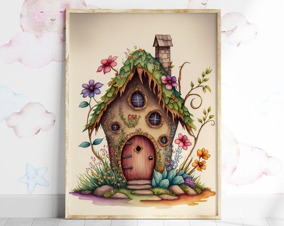 Fairy Cottage Leaf Thatch Round Door Flower Garden Art Poster