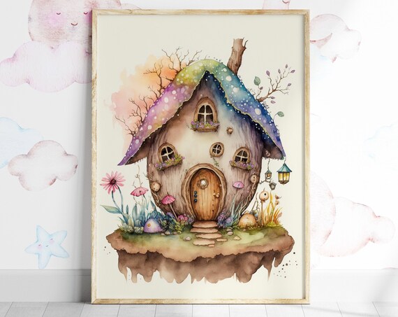 Fairy Acorn Cottage Rainbow Roof Floating Island Decor Art Poster