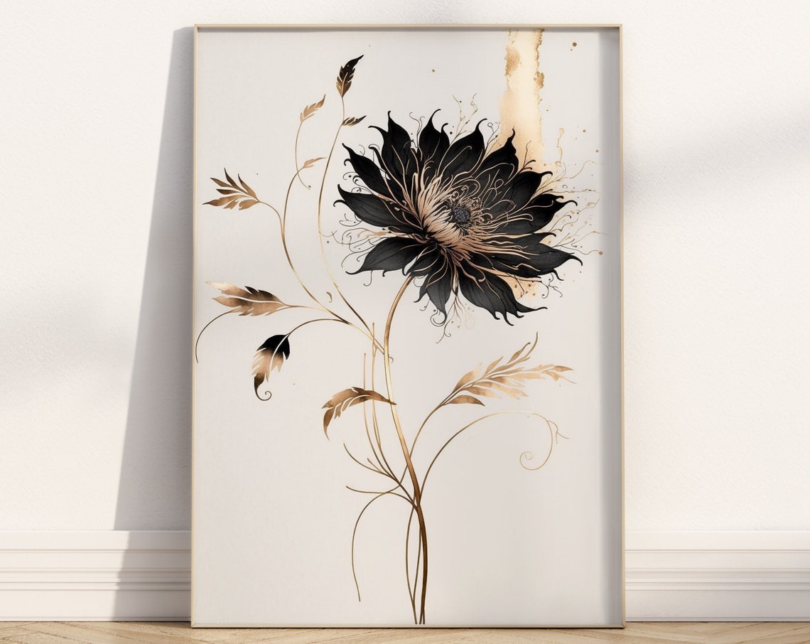 Black Bloom With Gold Line Stems Elegant Minimalist Art Poster
