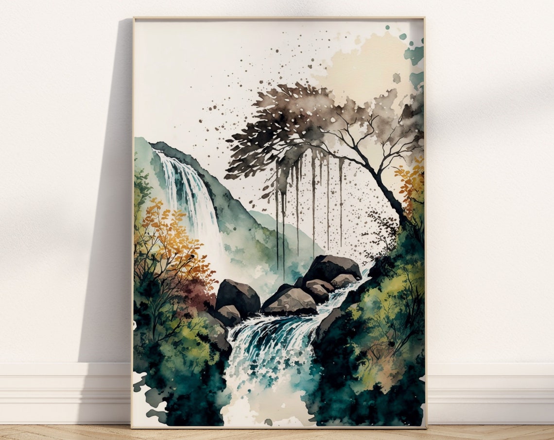 Watercolor Waterfall Mountain Tree Ink Nature Landscape Art Poster - Image 3