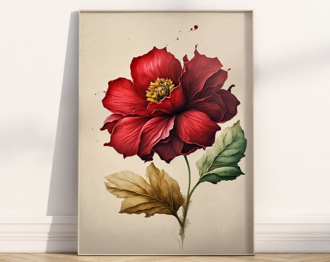 Red Rose Botanical Watercolor Cream Background Decor Art Poster
