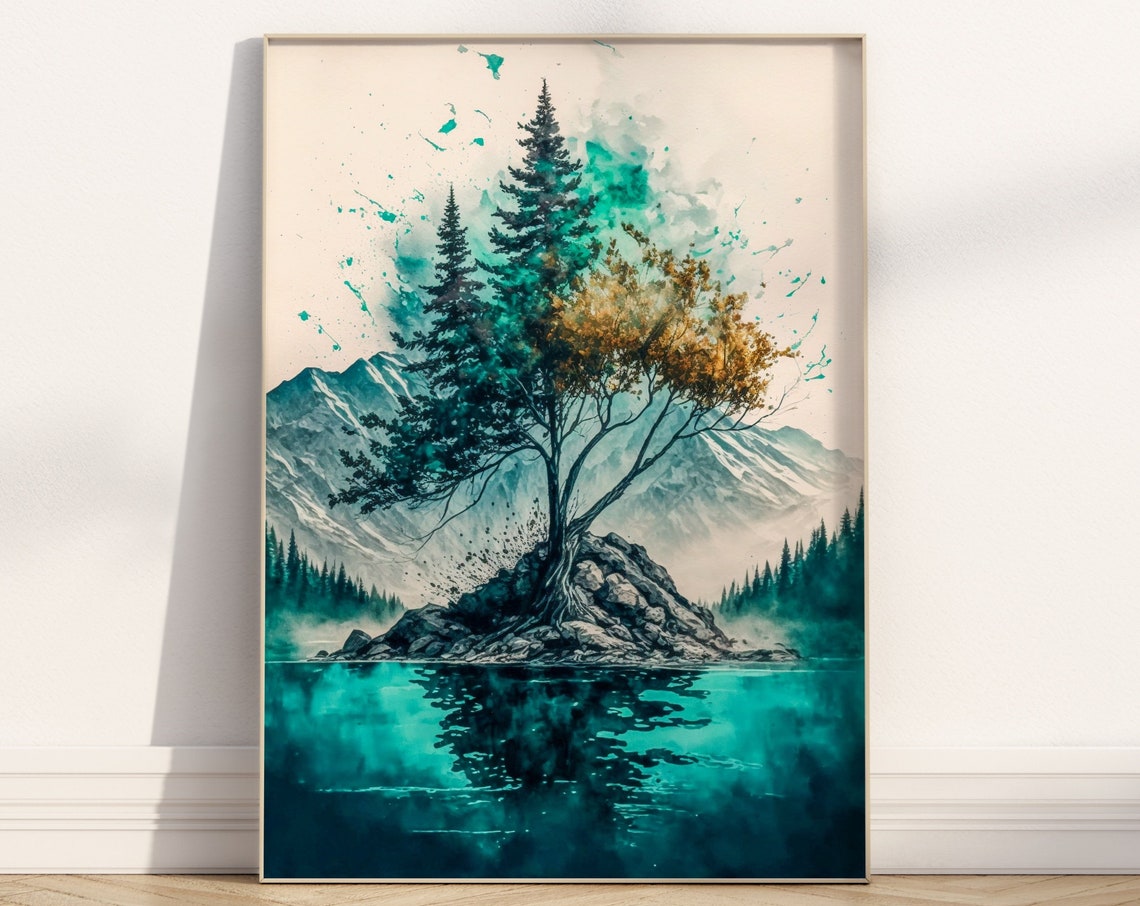 Teal Mountain Lake Evergreen Trees Watercolour Nature Poster - Image 2