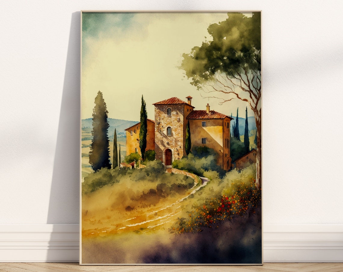 Tuscan Villa Tower Golden Path Watercolor Italy Landscape Poster