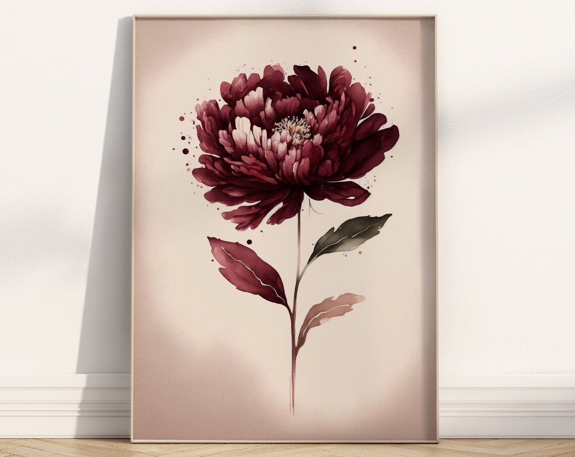 Burgundy Peony Single Bloom Watercolour Elegant Floral Poster