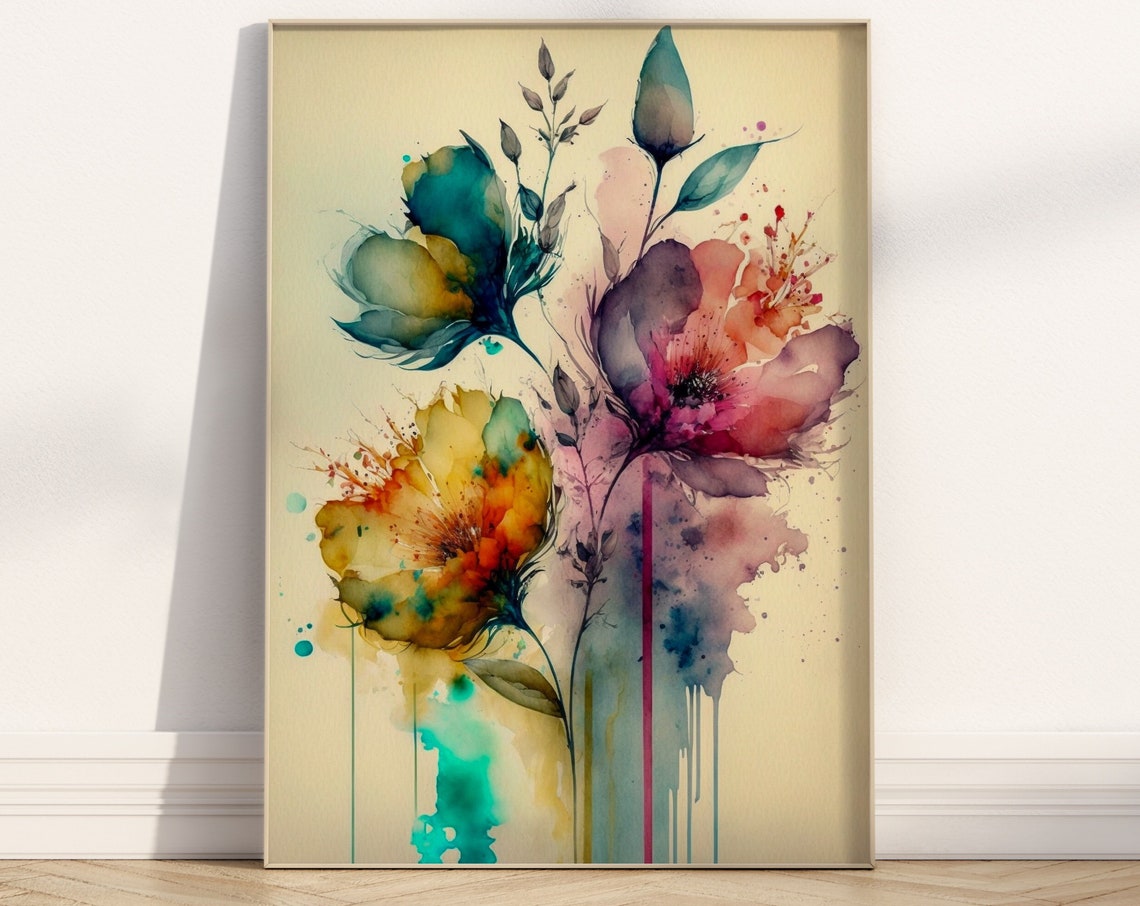 Dripping Watercolor Flowers Abstract Teal Magenta Bloom Art Print