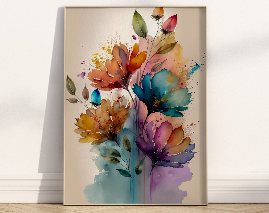 Colorful Wildflower Bouquet Watercolor Teal Orange Bloom Art Print