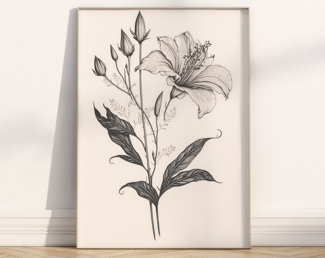 Black and White Lily Line Drawing Minimalist Botanical Art Print