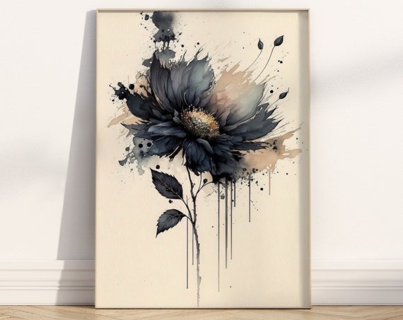 Black Flower Wall Art Print Watercolour Abstract Gothic Painting Boho Housewarming Gift Floral Dark Homeware Botanical Poster Modern Decor