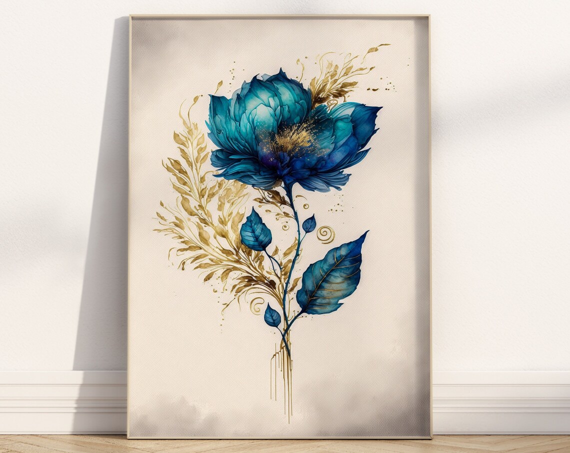 Teal Blue Watercolor Flower With Gold Botanical Swirls Poster