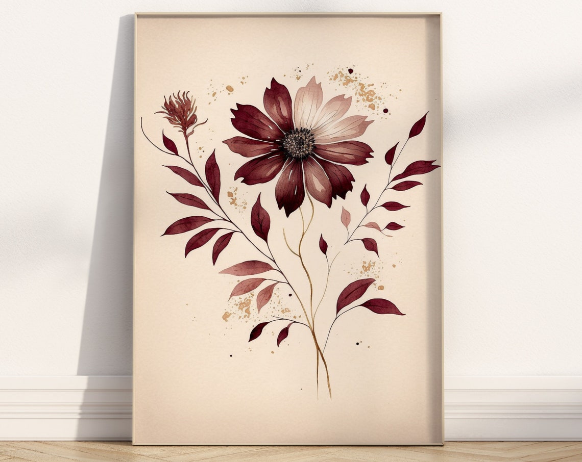 Burgundy Dahlia Botanical Watercolor Elegant Floral Wall Art