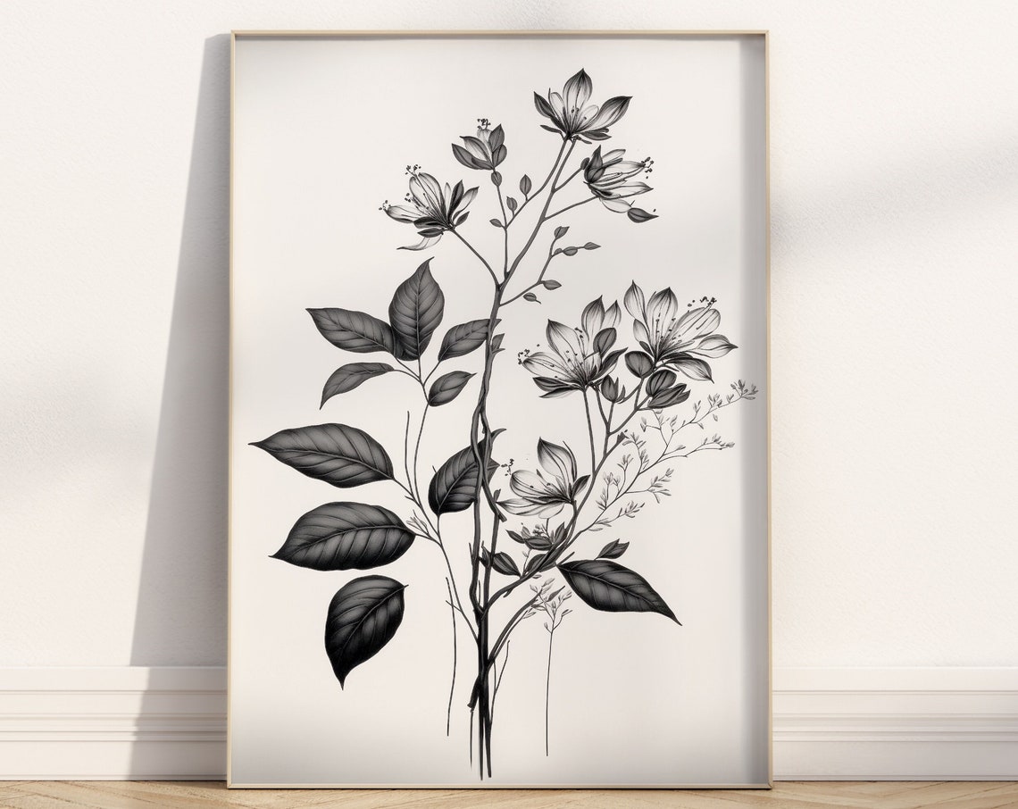 Black Botanical Drawing Elegant Ink Flower Illustration Art Poster