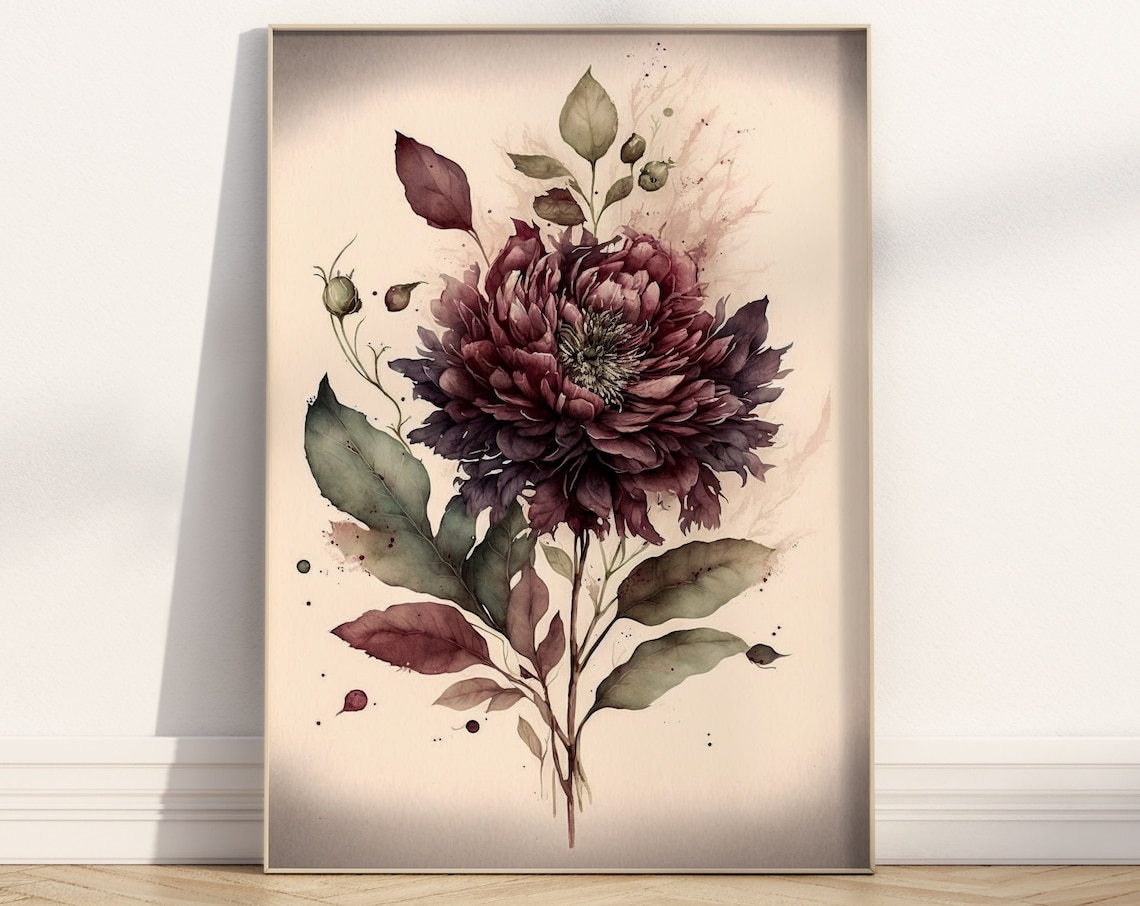Burgundy Dahlia Bloom Watercolor Dark Moody Botanical Art Print