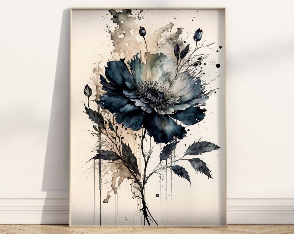 Dark Watercolor Bloom Abstract Black Floral Ink Splash Poster