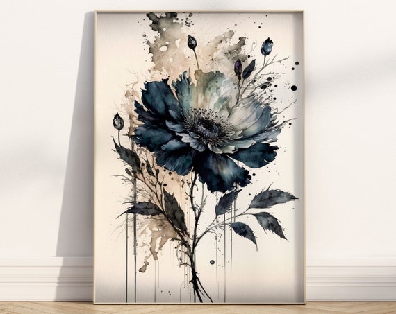 Black Flower Art Print Watercolour Floral Wall Hanging Abstract Painting Contemporary Boho Housewarming Gift Botanical Picture Gothic Petal