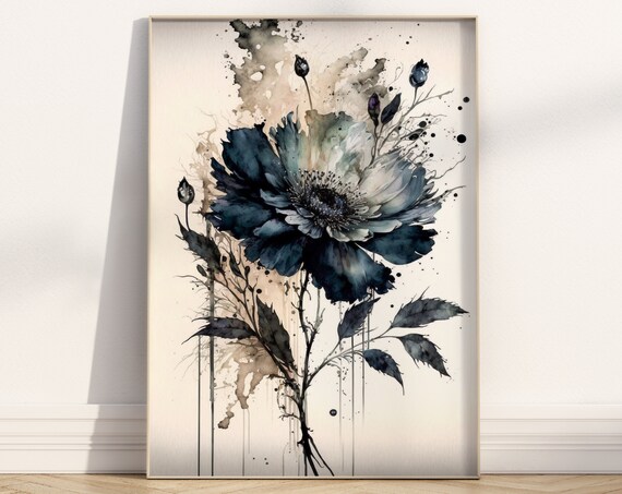 Dark Watercolor Bloom Abstract Black Floral Ink Splash Poster