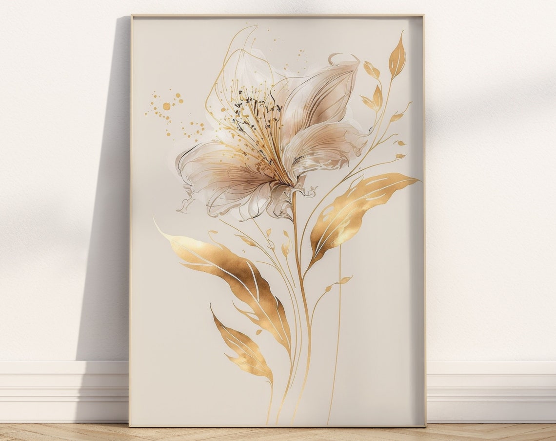 Gold Flower Elegant Line Art Cream Background Decor Style Poster