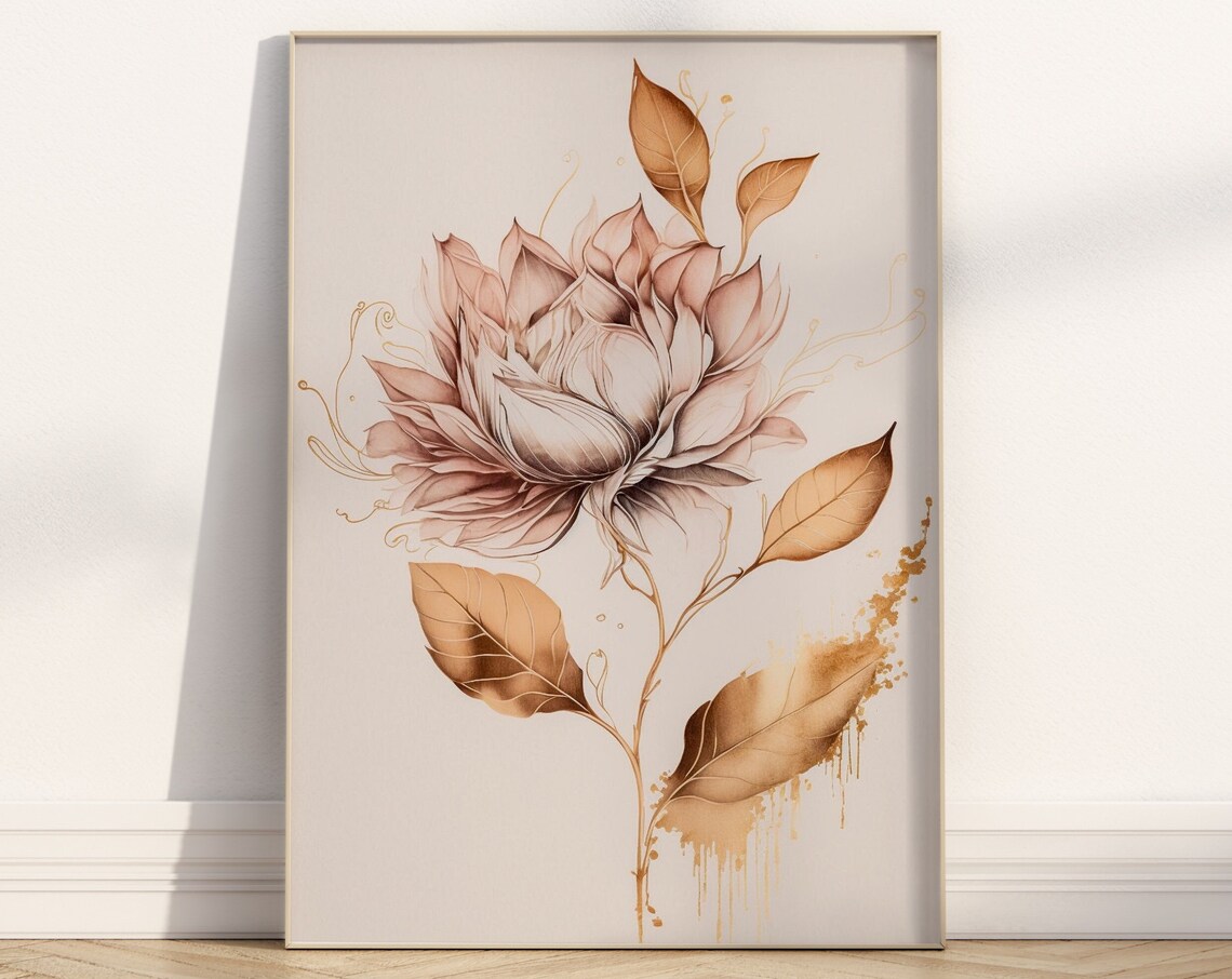Rose Gold Botanical Flower Blush Pink Elegant Line Art Poster
