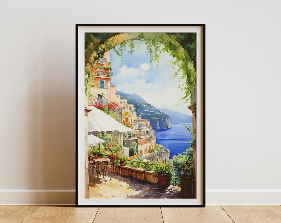 Amalfi Coast Watercolor Print, Positano Italy