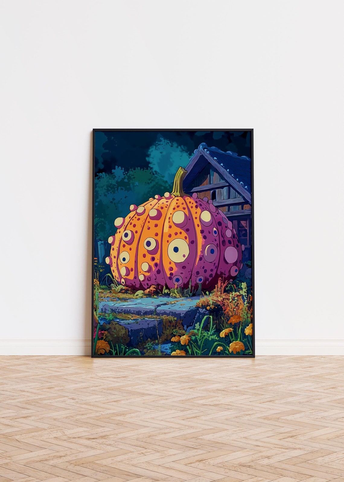 Giant Dotted Pumpkin Night Countryside Anime Style Art Poster