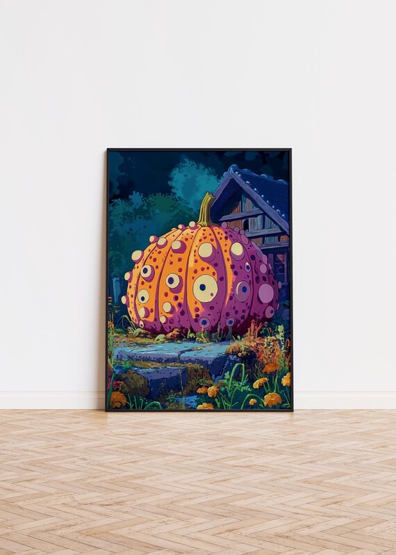 Giant Dotted Pumpkin Night Countryside Anime Style Art Poster