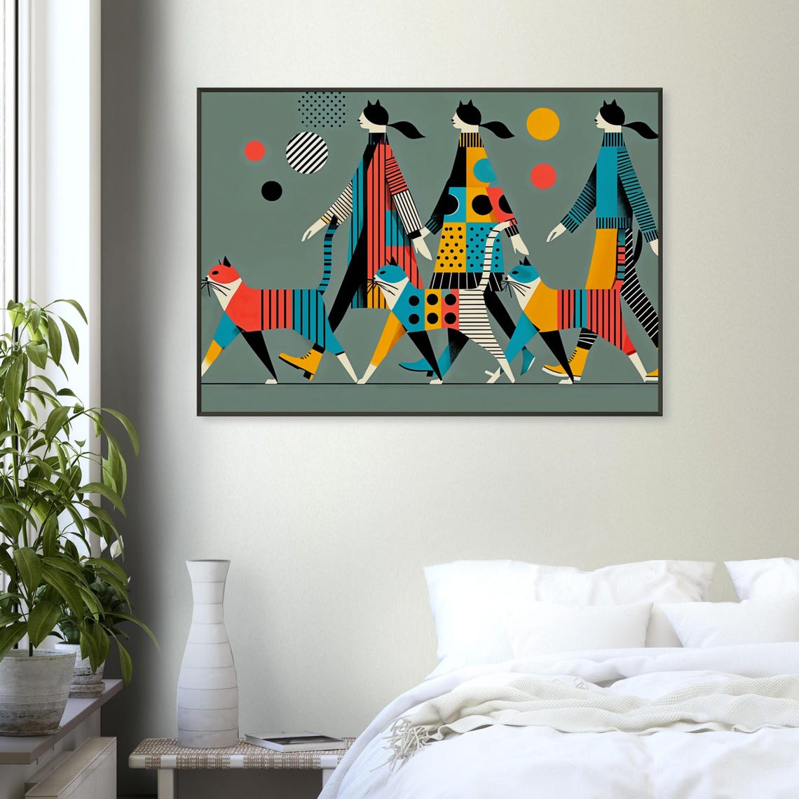 Three Women Walking Bold Patterned Cats Geometric Cat Art Poster - Image 4