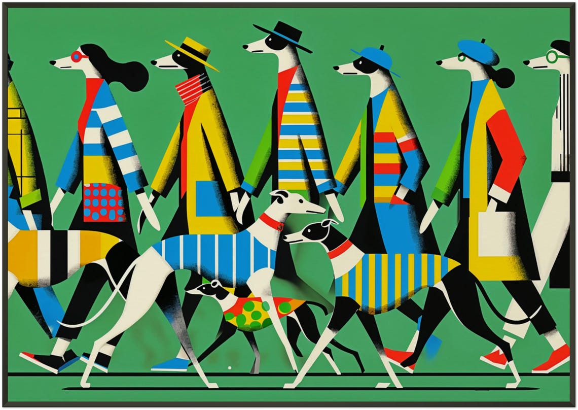 Stylish Women Walking Patterned Cats Mid Century Modern Art Poster