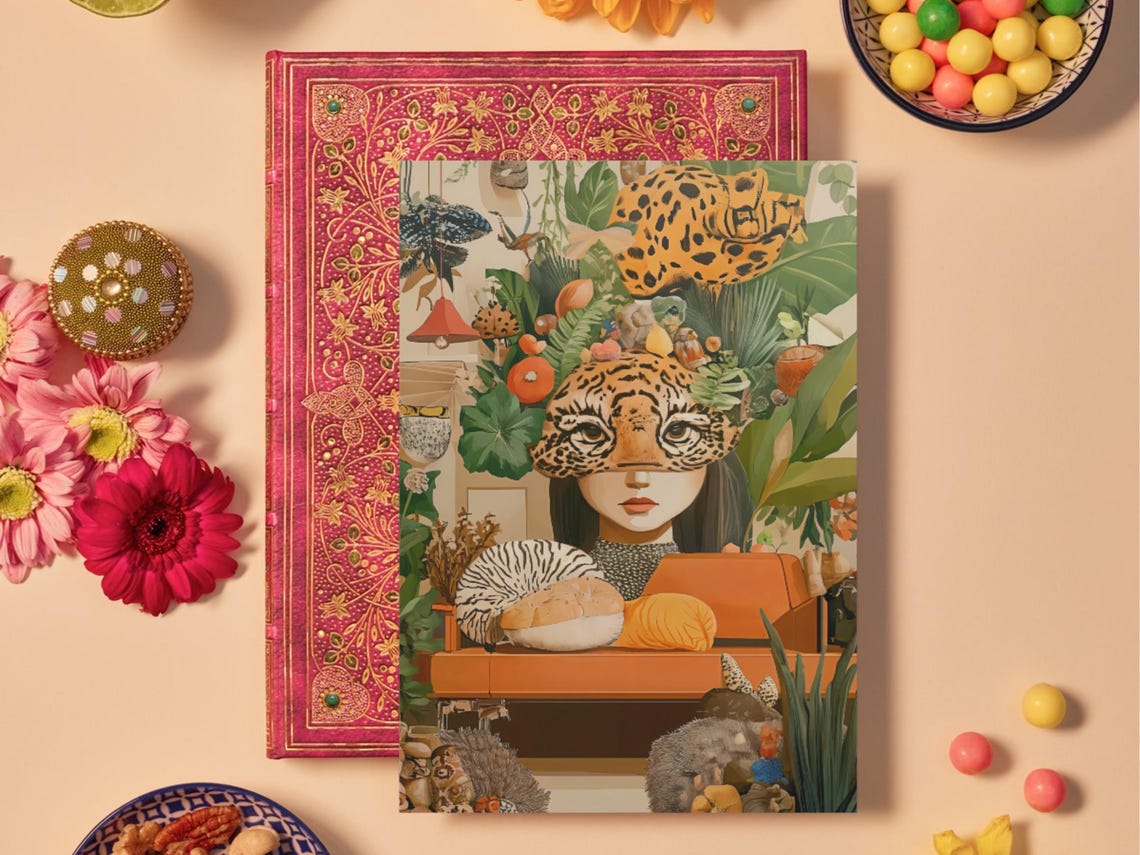 Surreal Leopard Woman Lush Jungle Interior Maximalist Art Poster - Image 3