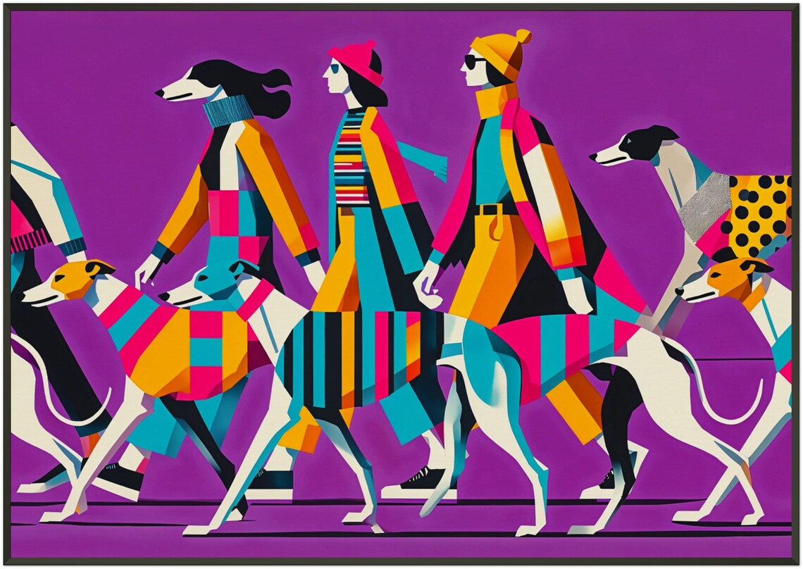 Women Walking Greyhounds Purple Geometric Modern Dog Art Poster