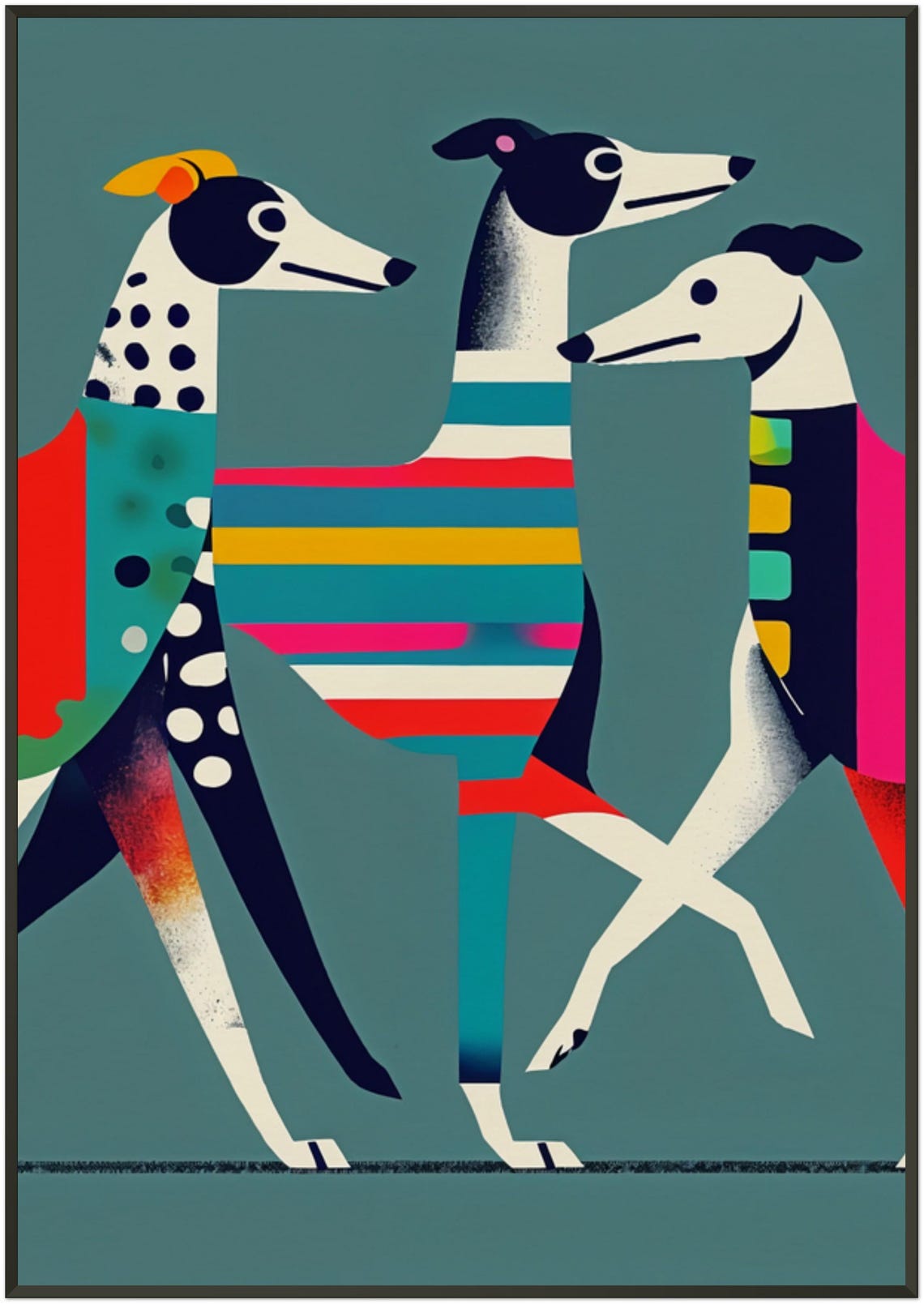 Three Greyhounds Strolling Polka Dot Stripes Playful Dog Art Poster - Image 5