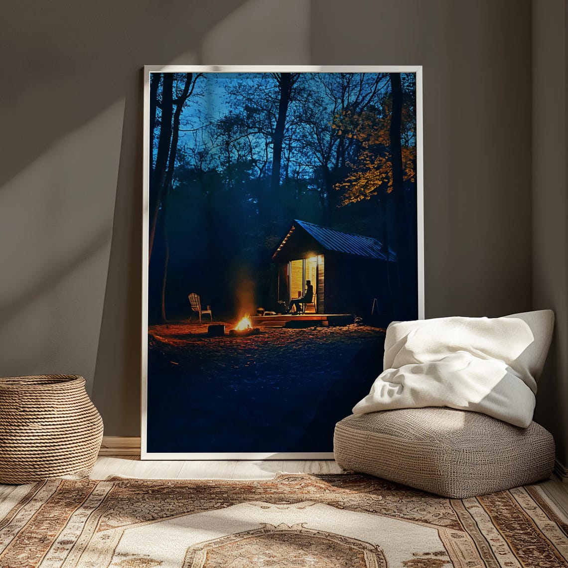 Rustic Cabin In Dark Woods At Night Campfire Fire Pit Art Poster - Image 5