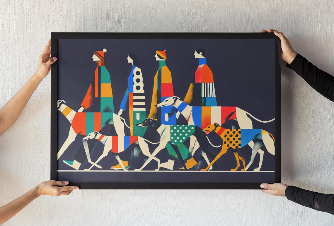 Night Walk Greyhounds Colorful Coats Modern Geometric Dog Art Poster