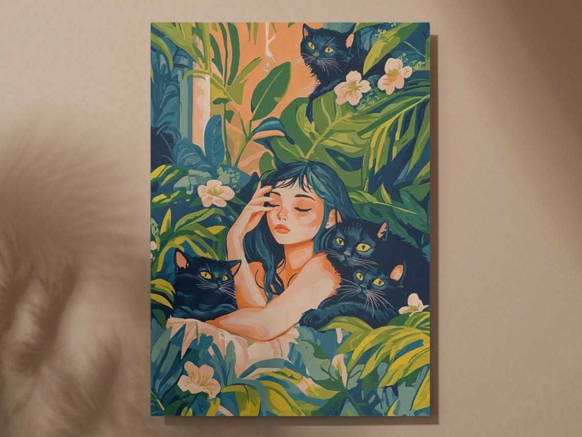Tropical Jungle Lady With Three Black Cats Maximalist Art Poster - Image 5