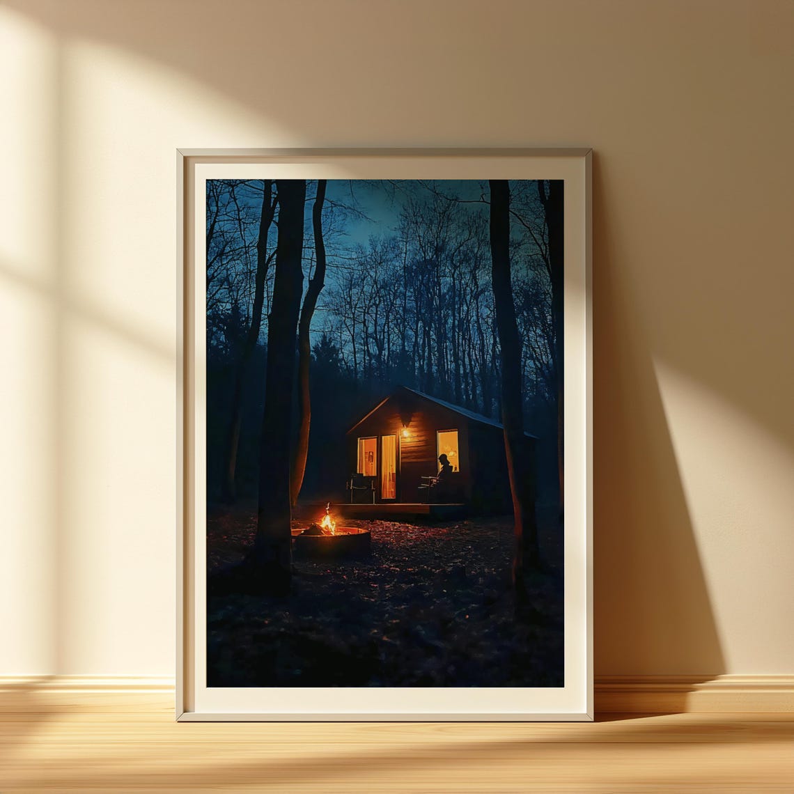 Night Cabin In Dark Winter Woods With Campfire Glow Art Poster - Image 4