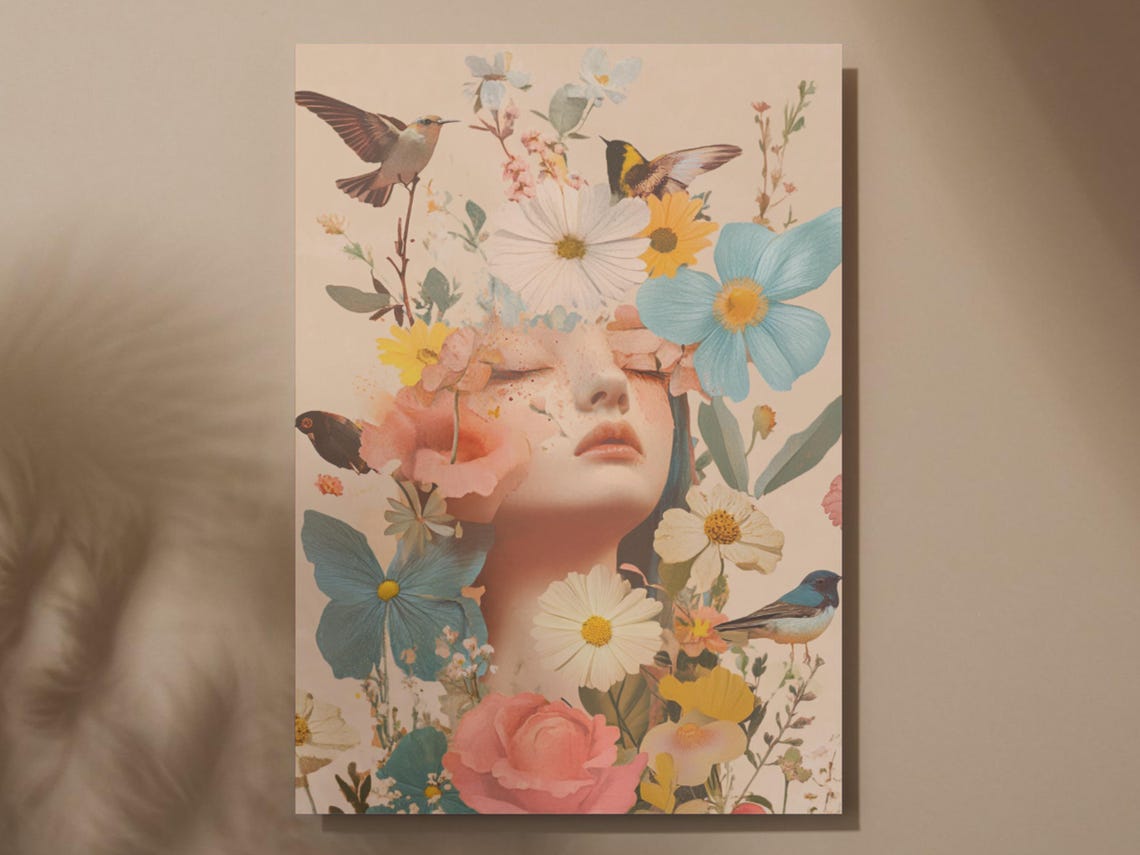 Vintage Floral Lady Portrait Butterflies Birds Boho Art Poster - Image 5