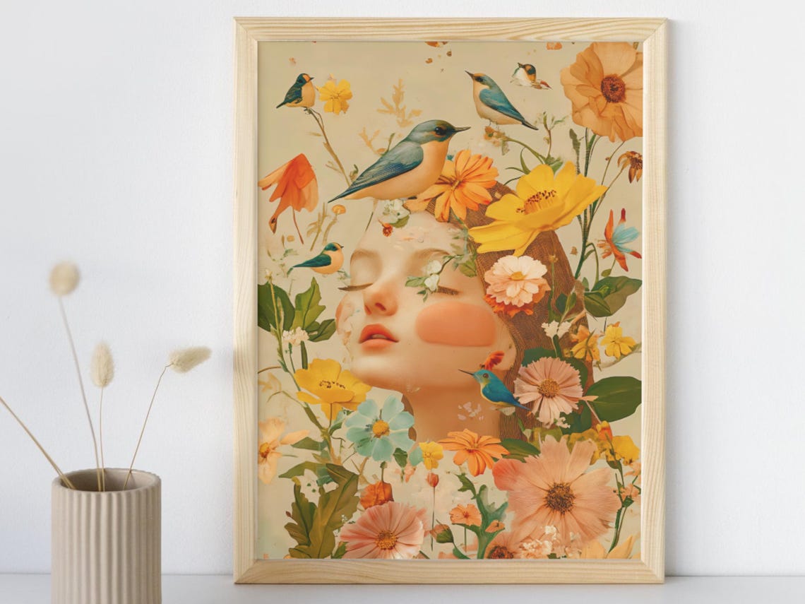 Vintage Floral Lady Portrait Yellow Poppies Birds Art Poster