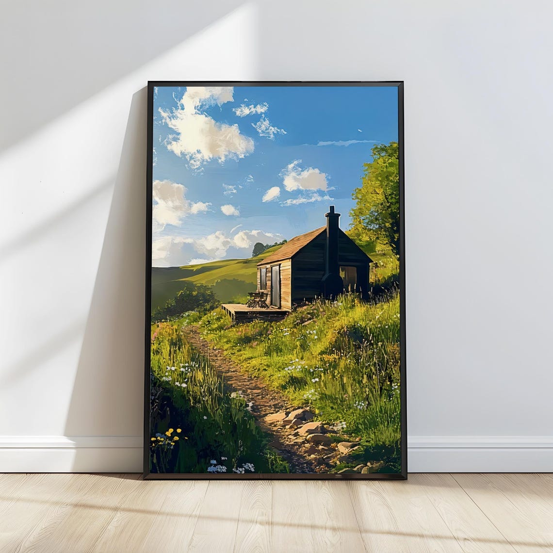 Rustic Wooden Cabin On Sunny Wildflower Meadow Hillside Art Poster - Image 3
