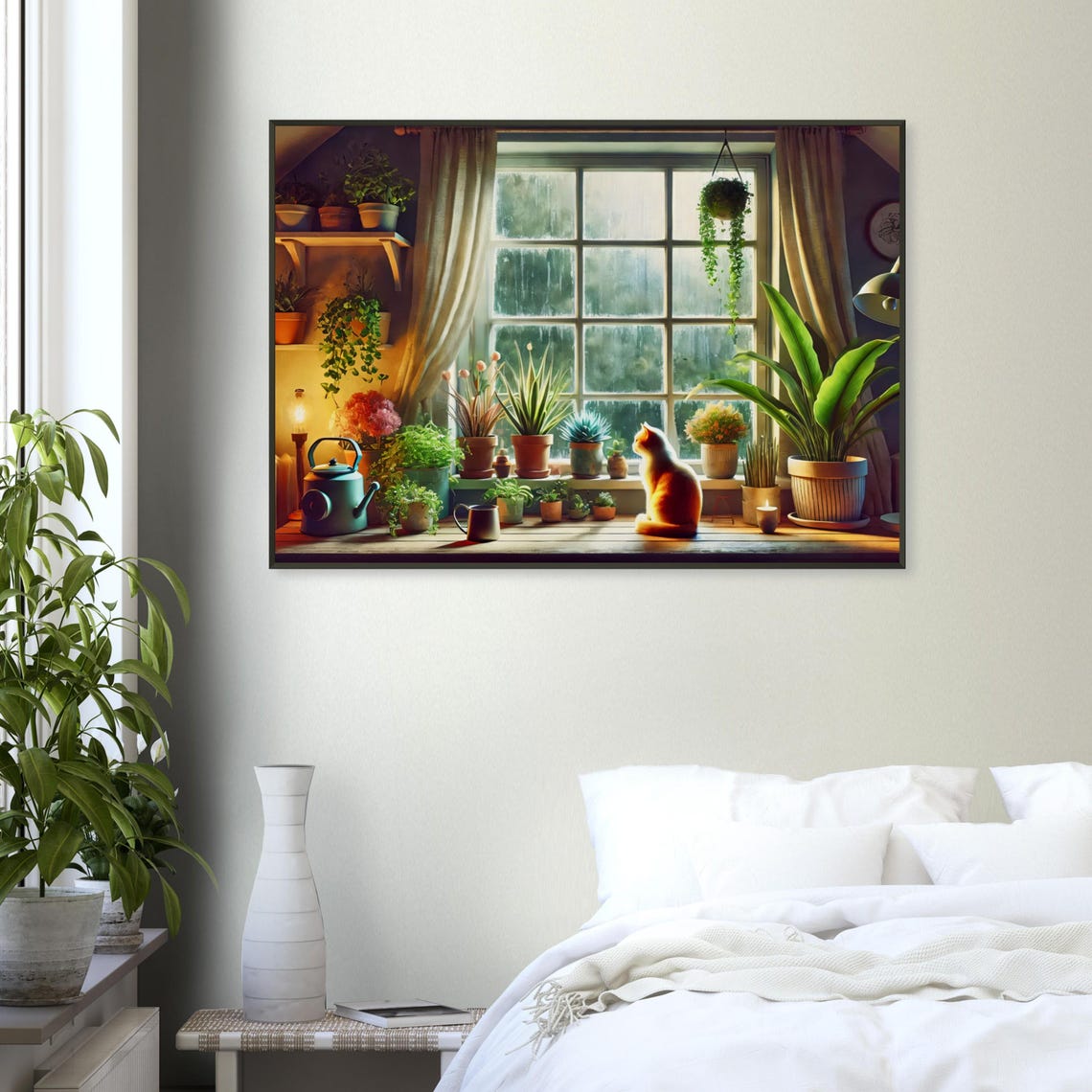 Ginger Cat Rainy Window Houseplant Cozy Warm Lamp Light Poster - Image 4