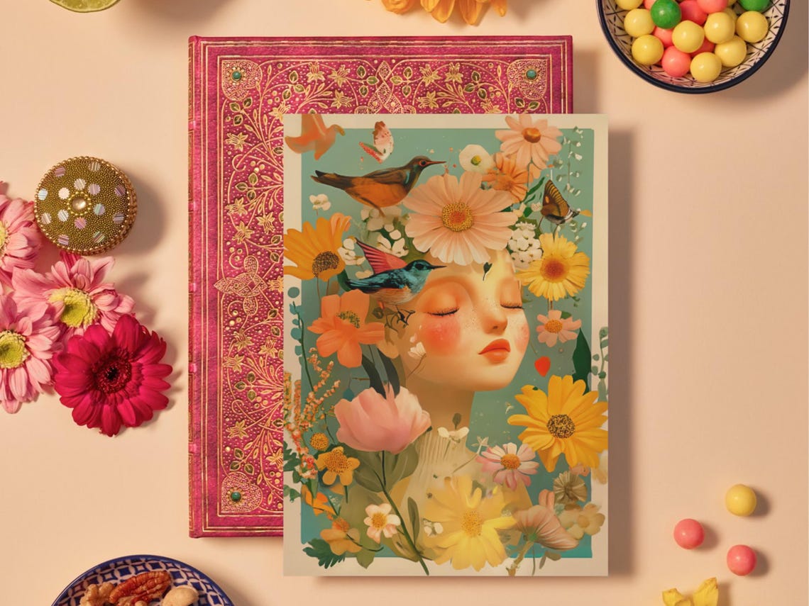 Vintage Floral Lady Portrait Butterflies Blooms Retro Boho Poster - Image 3