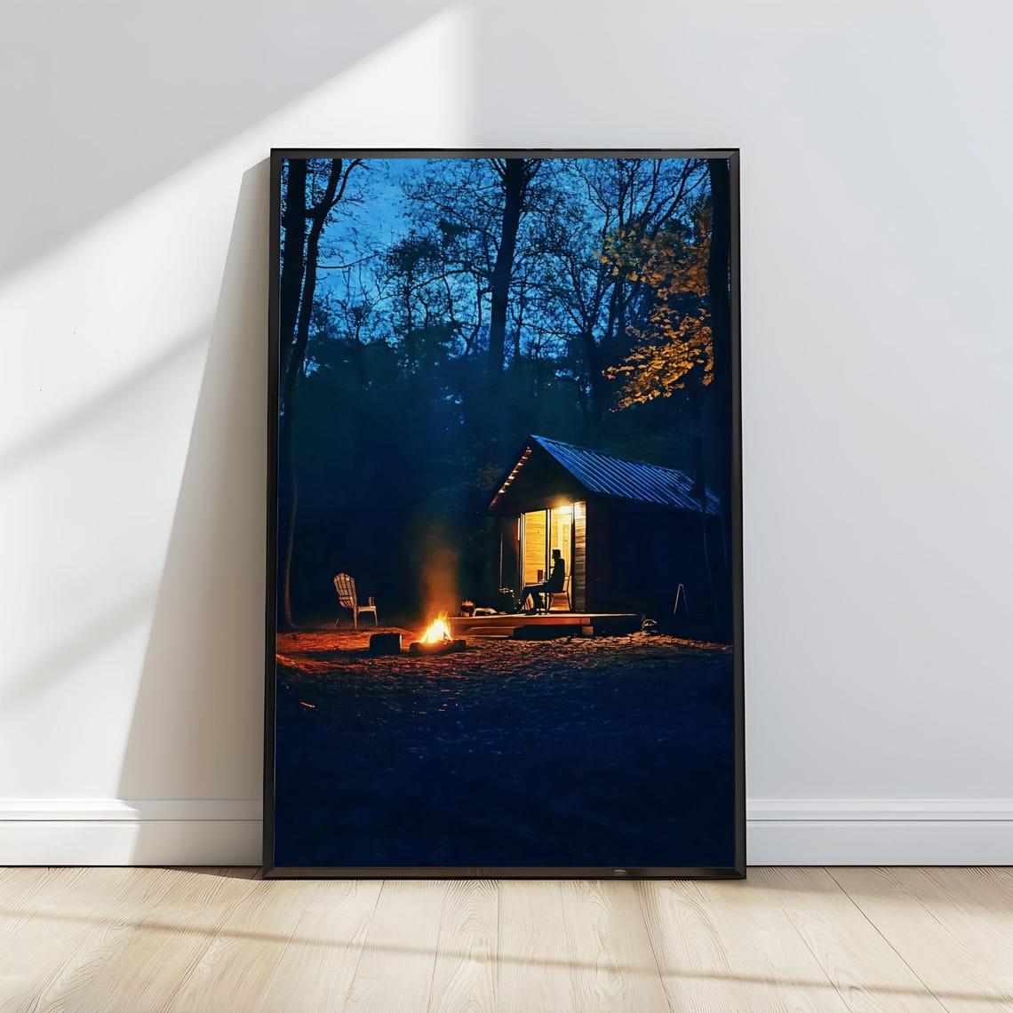 Rustic Cabin In Dark Woods At Night Campfire Fire Pit Art Poster - Image 3