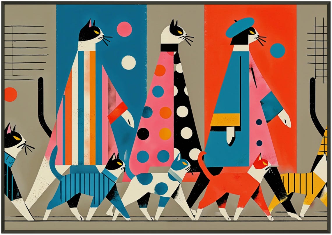 Giant Patchwork Cat Parade Pink Pop Art Cats and People Poster