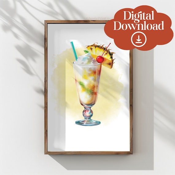 Pina Colada Cocktail Recipe Watercolor Tropical Bar Cart Poster