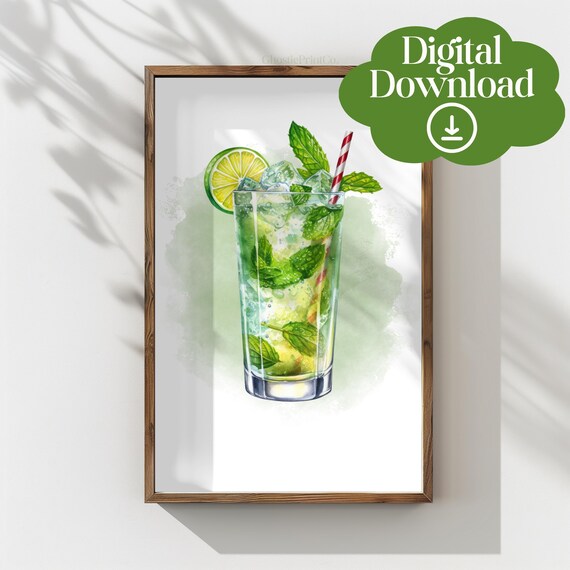 Fresh Mint Mojito Watercolor Cocktail Bar Kitchen Summer Poster