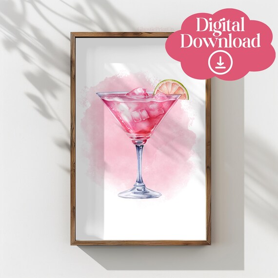 Cosmopolitan Cocktail Watercolor Pink Martini Glass Lime Art Poster