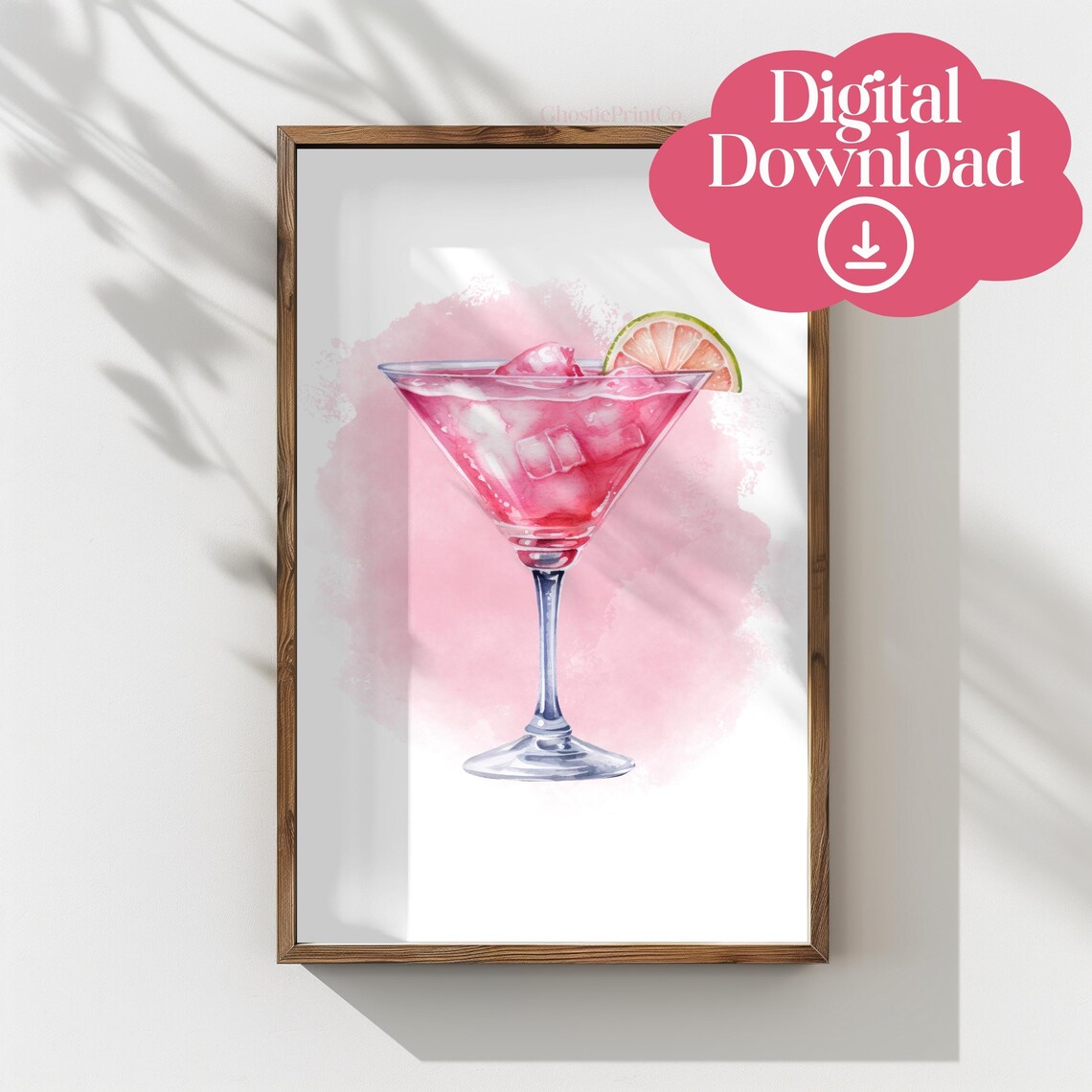 Cosmopolitan Cocktail Watercolor Pink Martini Glass Lime Art Poster