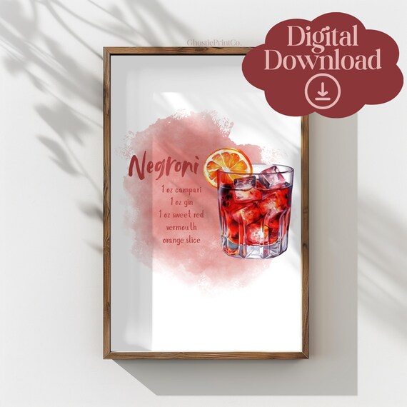 Negroni Recipe Watercolor Cocktail Bar Trendy Home Decor Poster
