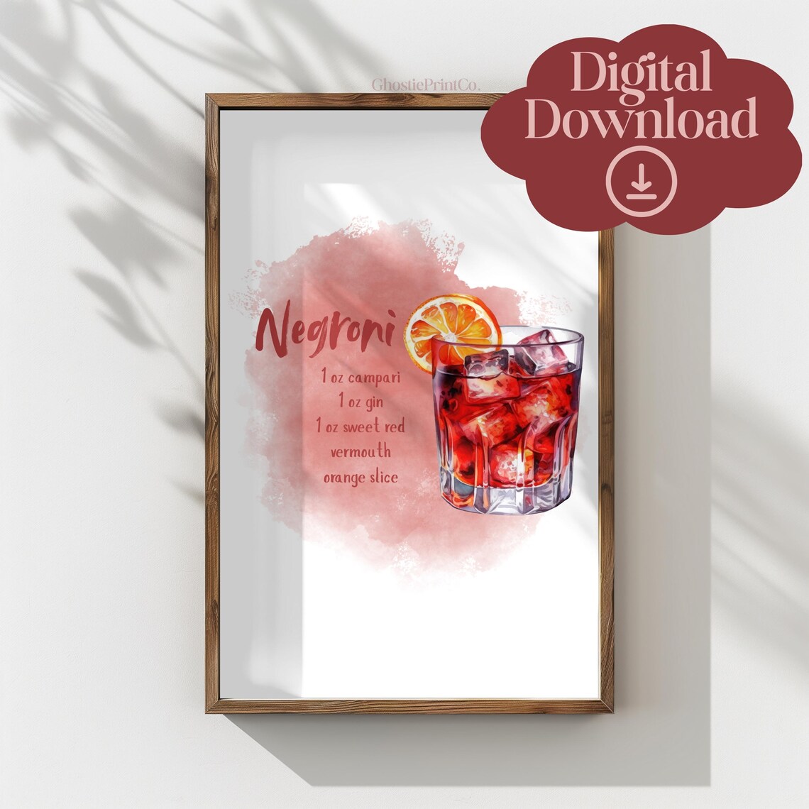 Negroni Recipe Watercolor Cocktail Bar Trendy Home Decor Poster